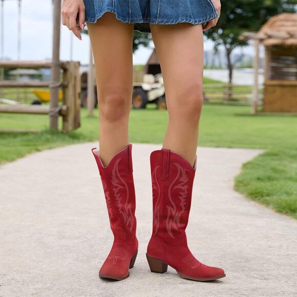 Women's Faux Suede Pointed Heeled Western Wide Calf Embroidered Red Boots - Picture 8 of 8